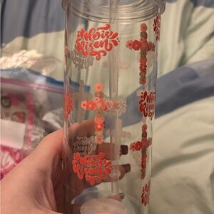 Floral Cross Clear Tumbler with Straw